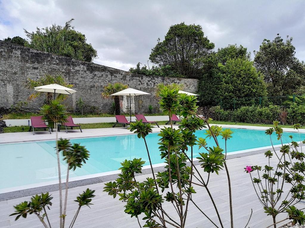 a swimming pool with chairs and umbrellas next to a wall at CFS Azores Guest House in Ponta Delgada