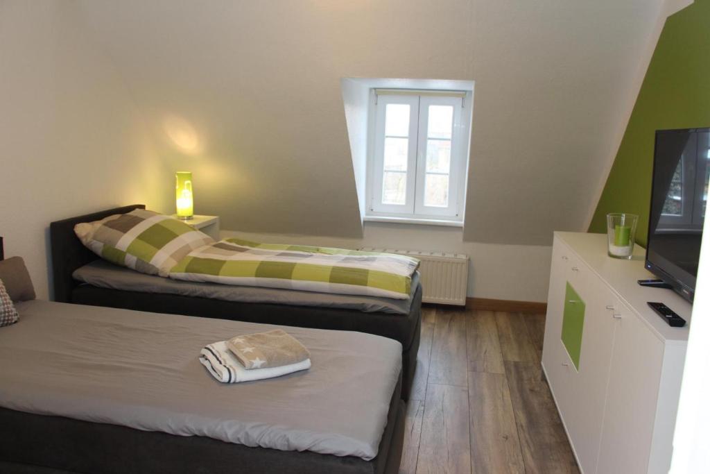 a bedroom with two beds and a tv and a window at Ferienwohnung Brück in Bitterfeld