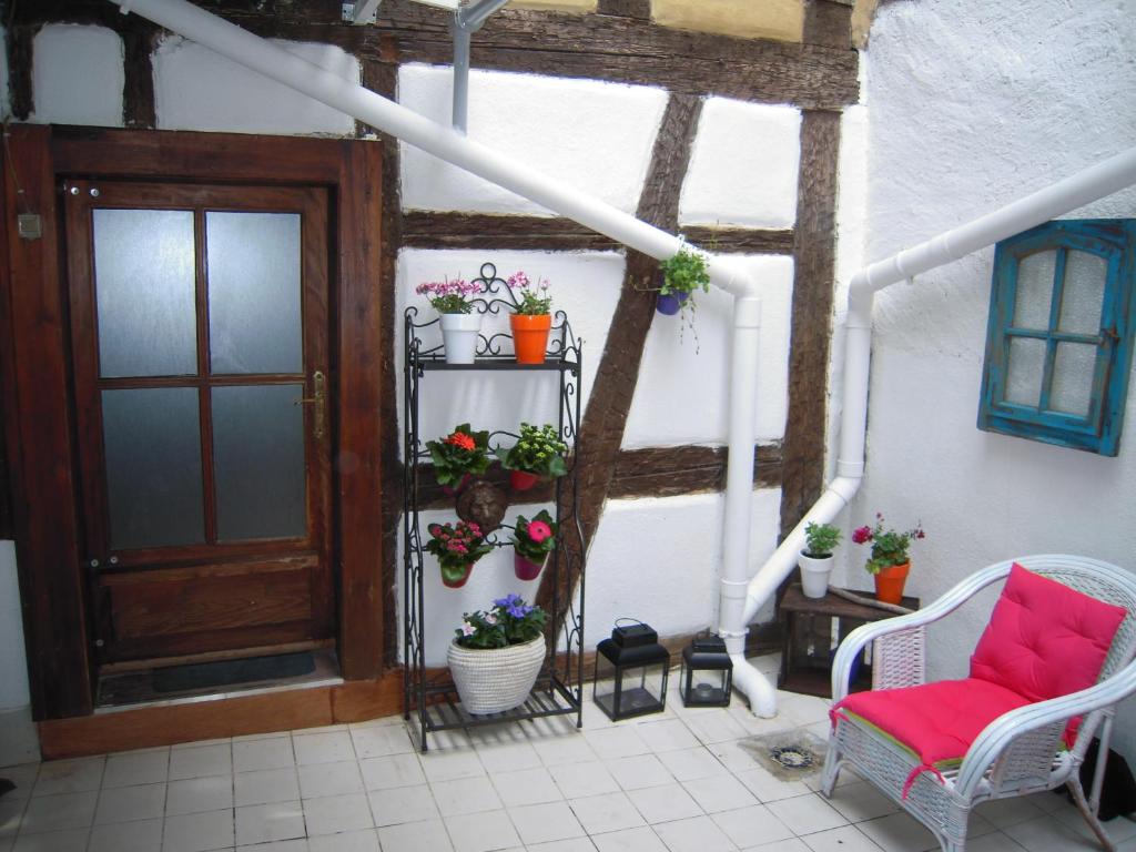 Habitación con puerta, silla y flores en Appartement Le Chez Soi Riquewihr, en Riquewihr