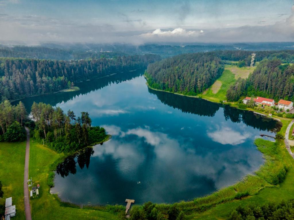 an aerial view of a lake in the countryside at Svečių namai ALDAIVITA in Ignalina