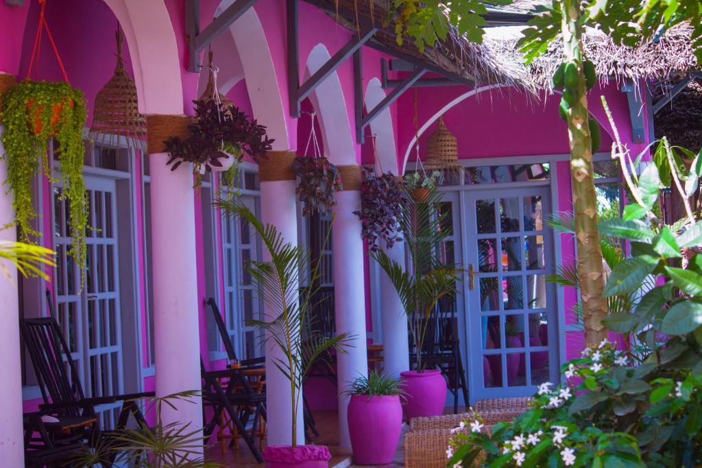 um edifício cor-de-rosa com plantas à sua frente em Nungwi Roses em Nungwi