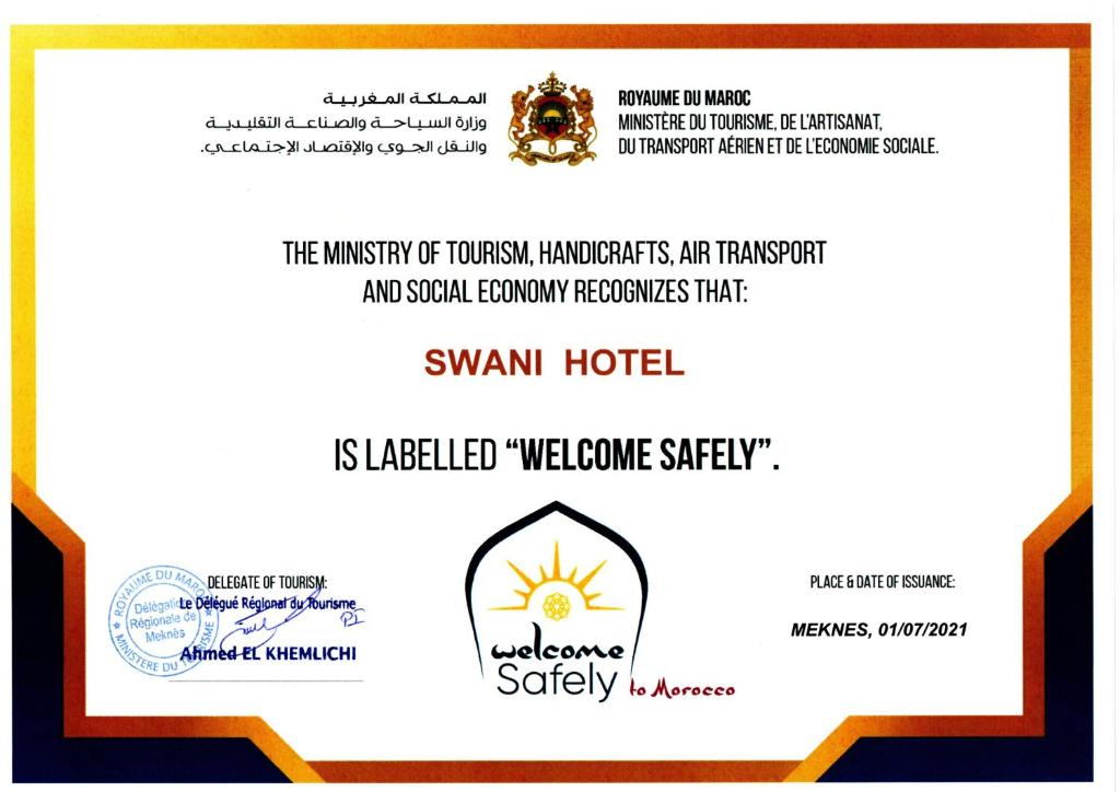 Certifikát, hodnocení, plakát nebo jiný dokument vystavený v ubytování Hotel Swani