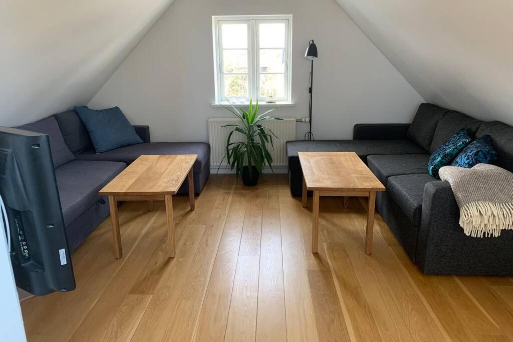 a living room with a couch and a tv at Tag lejlighed i hyggelig landsby på Stevns in Store Heddinge