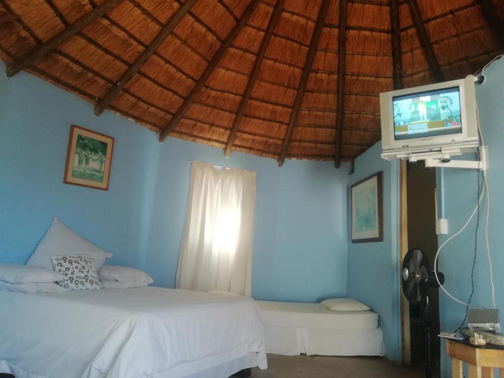 a bedroom with a bed and a flat screen tv at Slubani in Eshowe