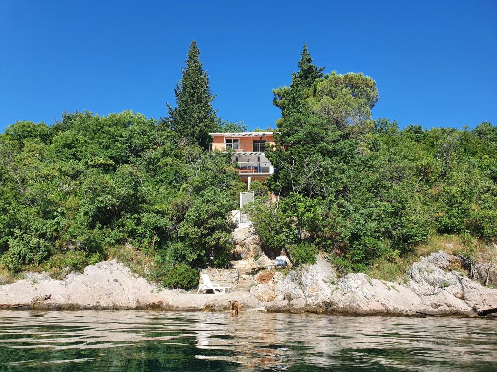uma casa numa colina ao lado de um corpo de água em Sea House Bassi em Kraljevica