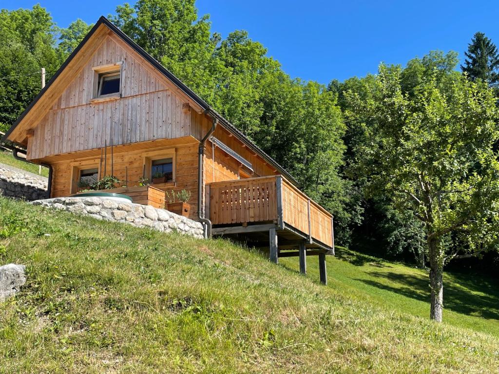 eine große Holzhütte auf einem Hügel mit Bäumen in der Unterkunft Miha`s cottage in Bohinj