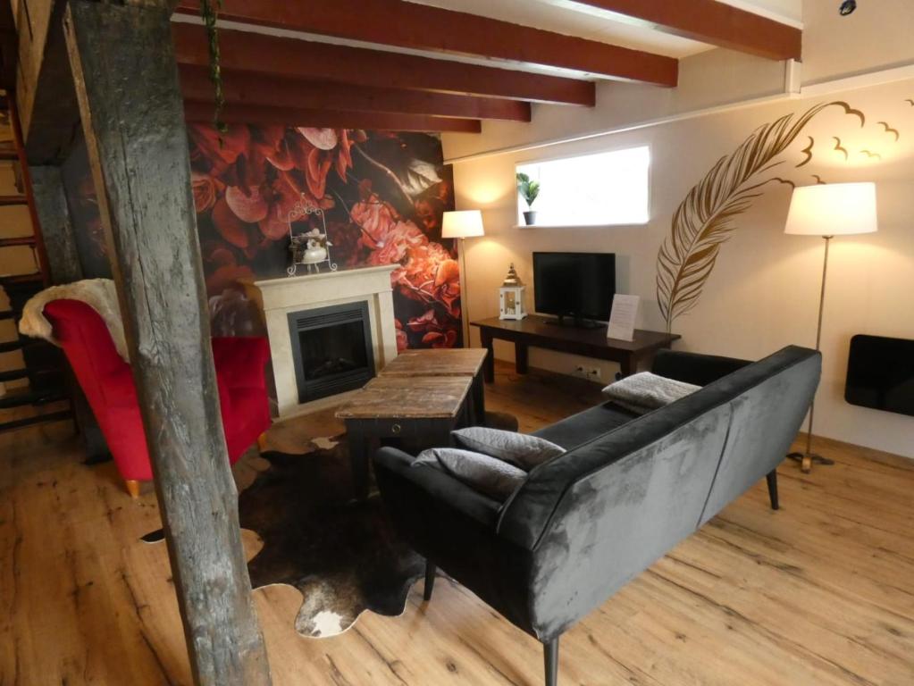 een woonkamer met een bank en een open haard bij Vakantieverblijf Perron 3 in Haarle
