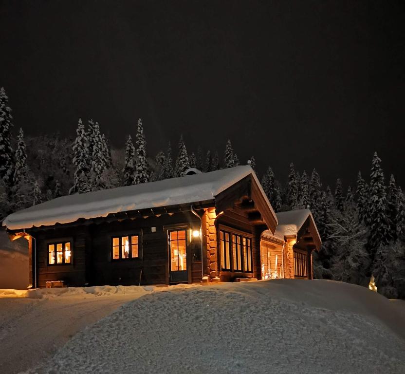a log cabin in the snow at night at Liaplassen Tømmerhytte in Beitostøl