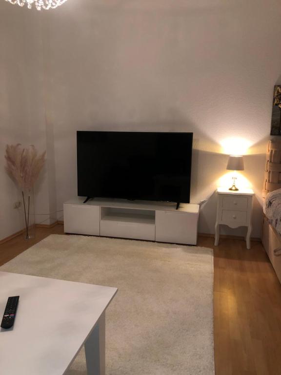 a living room with a flat screen tv on a wall at Wohnung am Schlossgarten in Schwerin