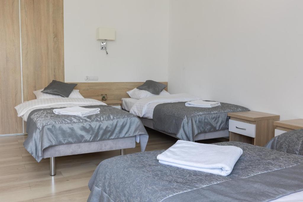Three single beds with gray bedding in a bright room.