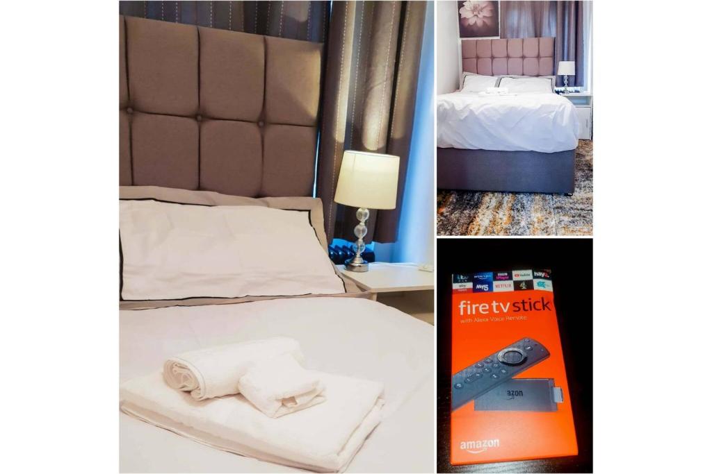 two pictures of a hotel room with a bed and a book at Room in Guest room - Newly Built Private Ensuite In Dudley Westmidlands in Dudley