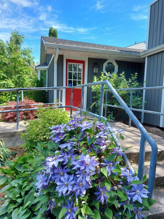 une maison avec un bouquet de fleurs violettes devant elle dans l'établissement Maple Tree Cottage License # 058-2022, à Niagara on the Lake