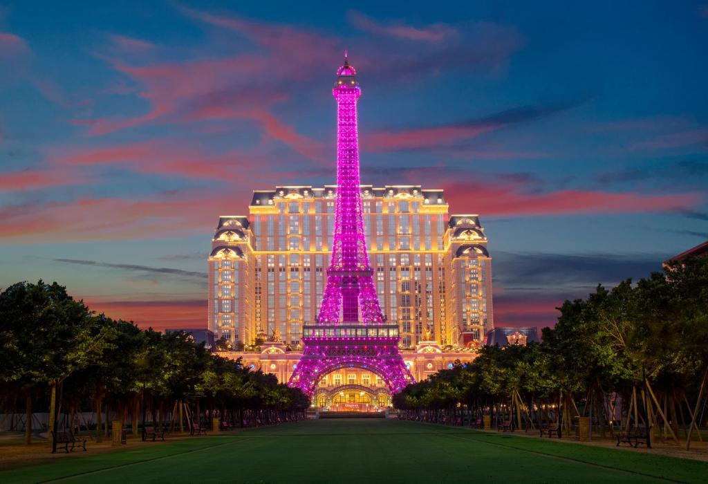 a view of the eiffel tower at night at The Parisian Macao in Macau
