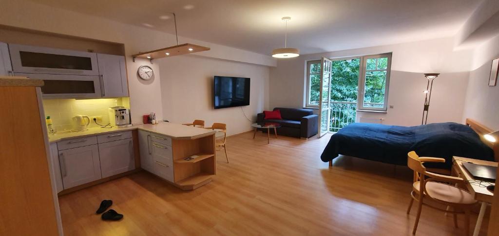 a bedroom with a bed and a kitchen and a living room at Apartmán 46m2 s balkonem v lázeňském centru in Karlovy Vary