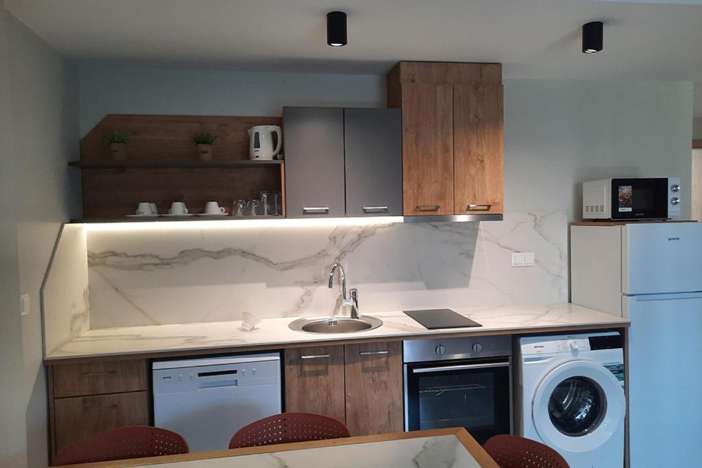 Kuchyň nebo kuchyňský kout v ubytování Oliva Suites