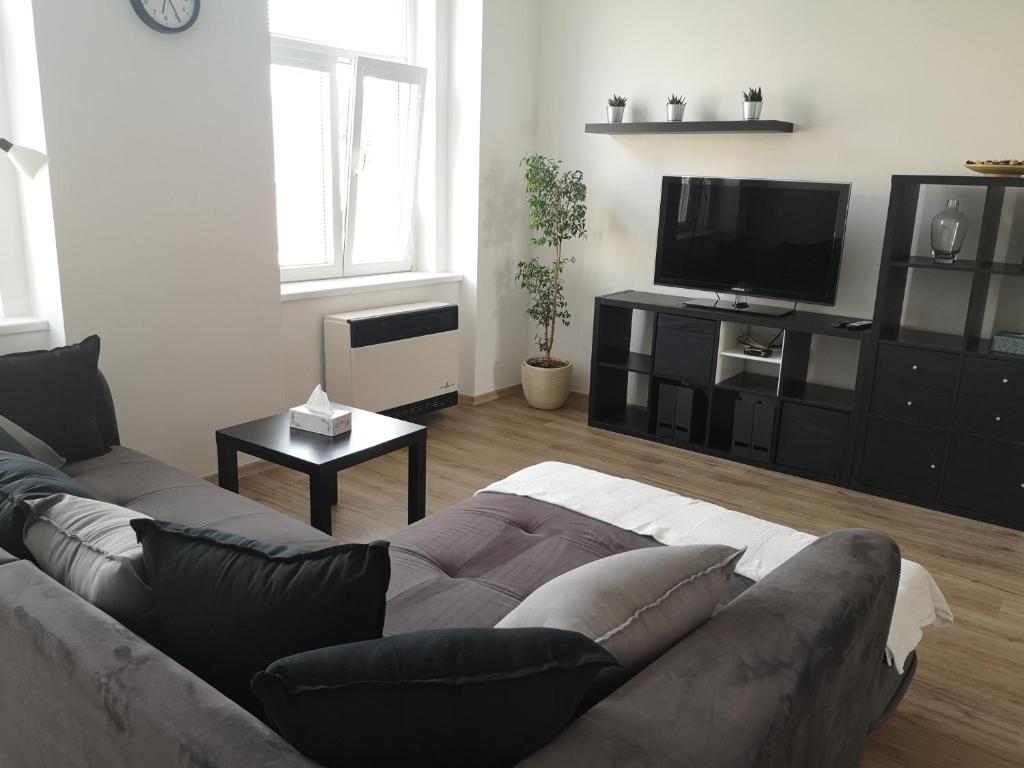 sala de estar con sofá y TV de pantalla plana en Fine apartment in centrum of Slaný with Aircondition, en Slaný