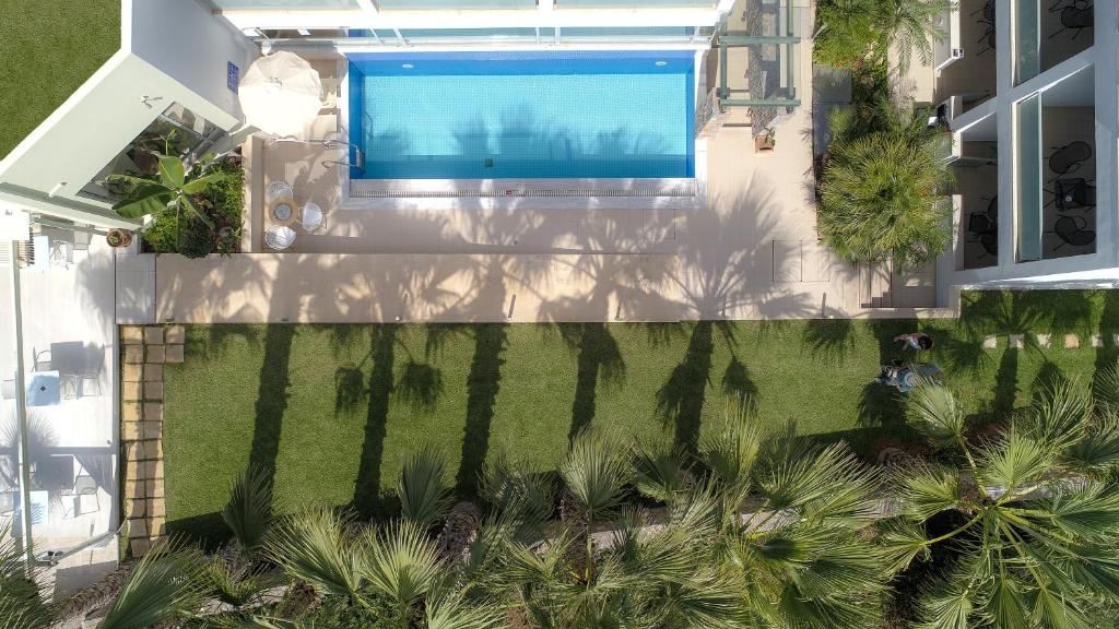 an overhead view of a swimming pool in a yard with palm trees at Angela Suites Boutique Hotel in Sissi