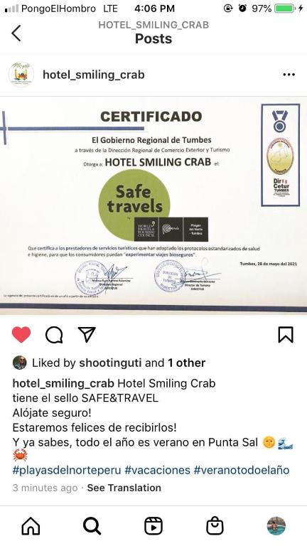 Certifikát, hodnocení, plakát nebo jiný dokument vystavený v ubytování Hotel Smiling Crab