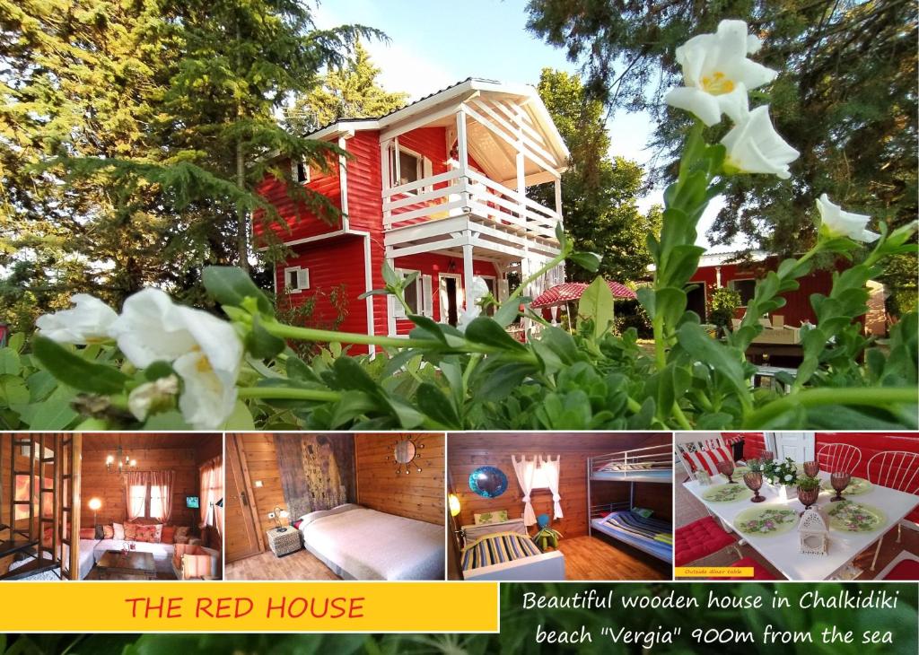 ソゾポリにあるRED Wooden House near the sea in Beautiful Chalkidikiの赤家写真のコラージュ