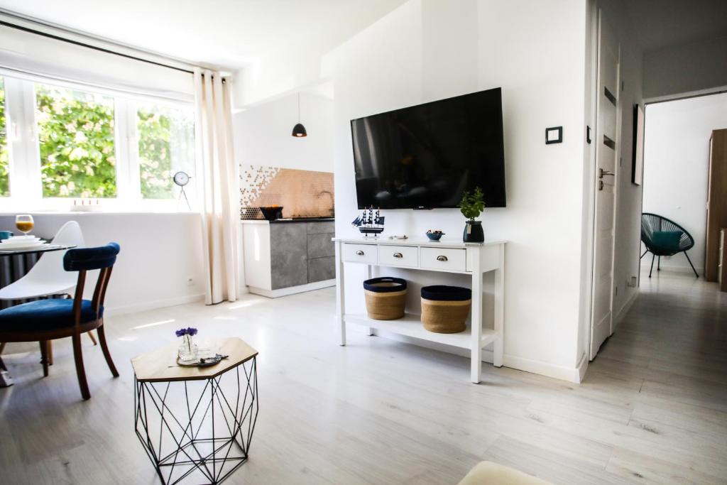 Televízia a/alebo spoločenská miestnosť v ubytovaní Apartament Szaro na Białym