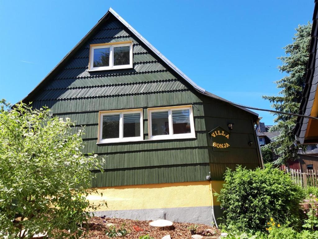 ein grünes Haus mit schwarzem Dach in der Unterkunft Villa Sonja in Kurort Altenberg