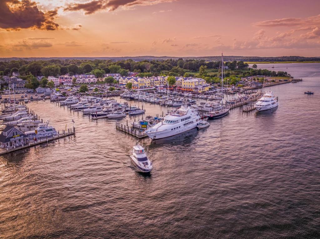 an aerial view of a marina with boats in the water at Saybrook Point Resort & Marina in Old Saybrook
