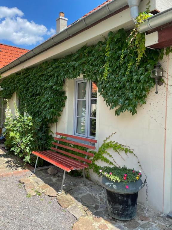 a red bench sitting outside of a house at FEWO im Kneipenviertel Altkötzschenbroda in Radebeul