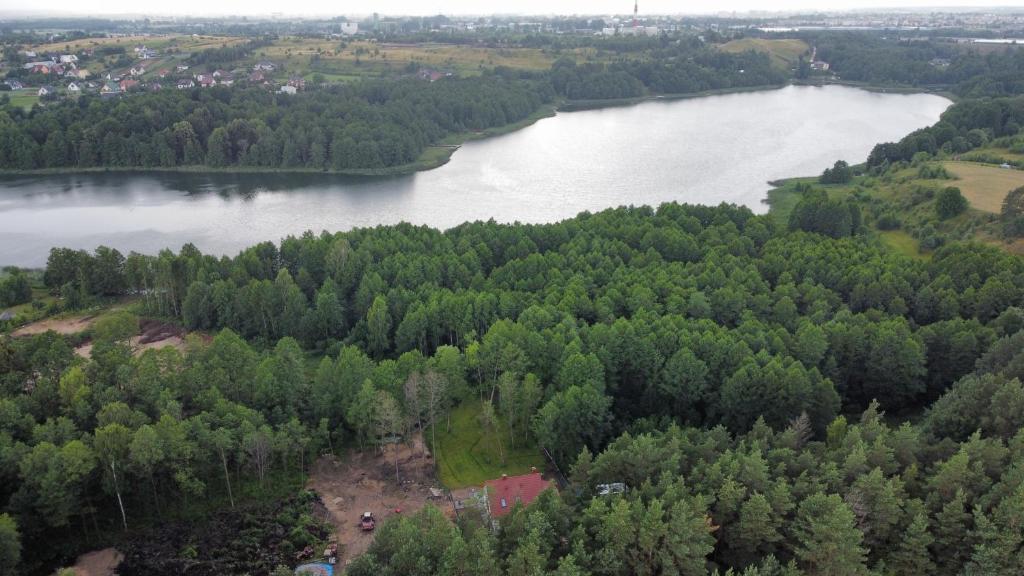 an aerial view of a river and trees at Dom w głębi lasu in Suwałki