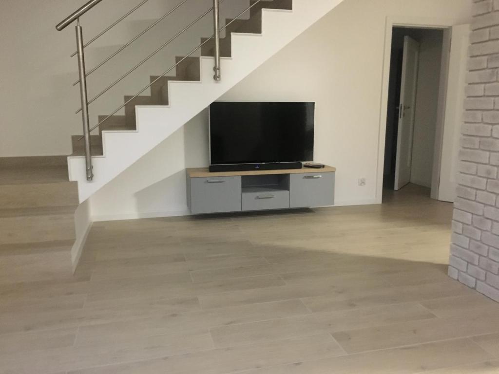 Televízia a/alebo spoločenská miestnosť v ubytovaní Dom w głębi lasu
