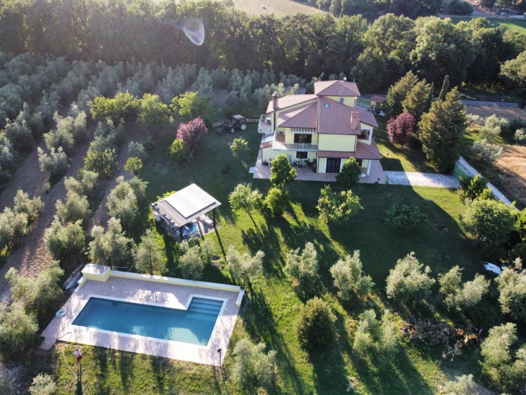 an aerial view of a house with a swimming pool at La Casa Nell'Oliveto Bed & Breakfast in Acquasparta
