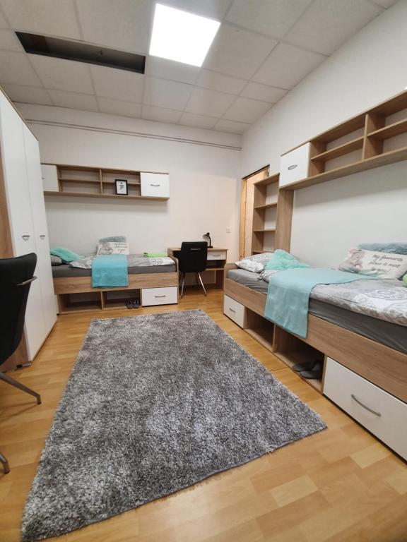 a bedroom with two beds and a rug at MARIBOR CITY CENTER MINIDORM APARTMENT in Maribor