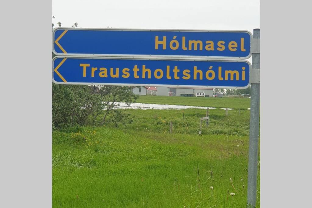 a blue street sign in front of a field at Hólmasel Riverside Cabin 1 in Arabaer