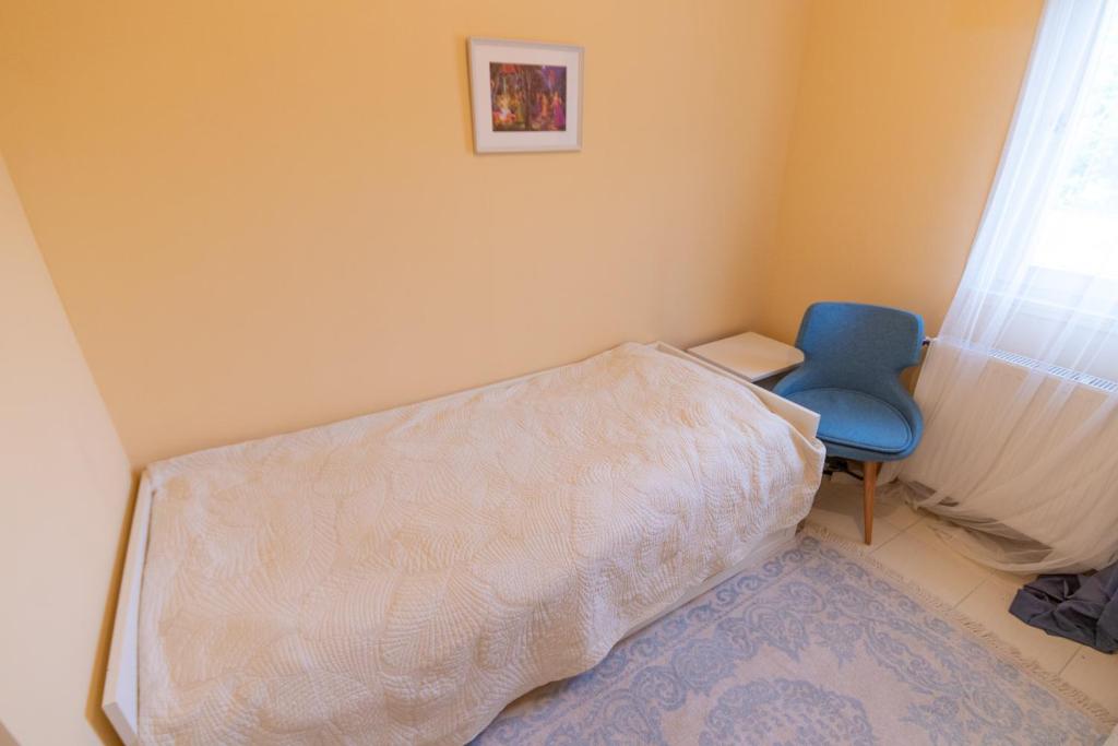 1 dormitorio con 1 cama y 1 silla azul en Kamala Kutir, en Somogyvámos