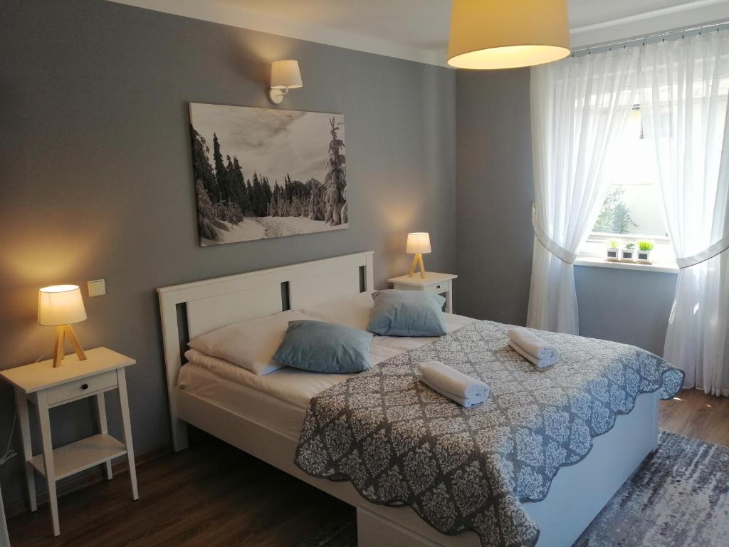 シュチルクにあるOlimpijska pokojeのベッドルーム1室(青い枕のベッド1台、窓付)