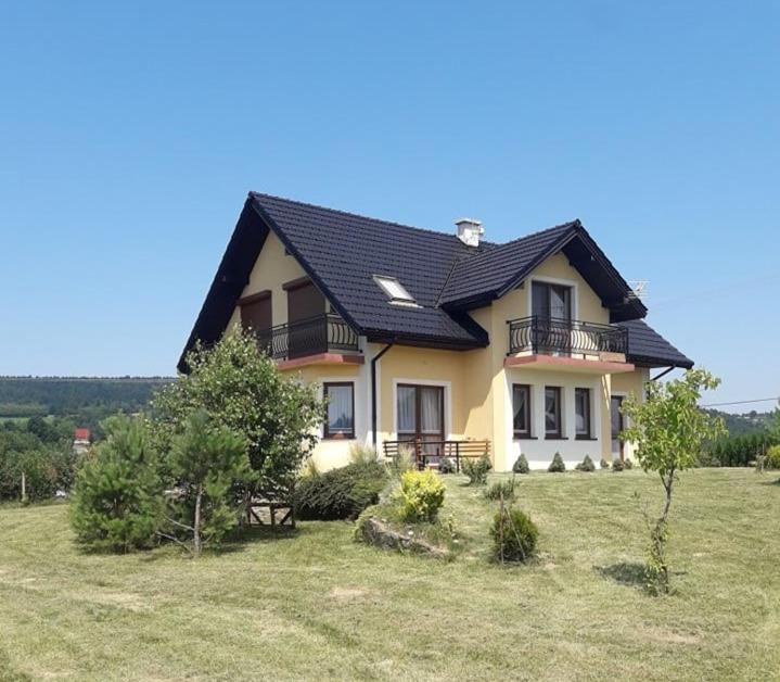 una casa con techo negro en un campo de césped en Dom w okolicach Czchowa en Wytrzyszczka