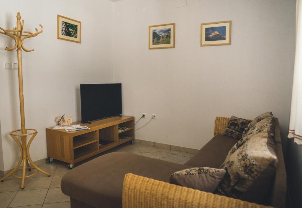 un soggiorno con divano e TV di Apartma Miranda a Log pod Mangartom (Bretto)