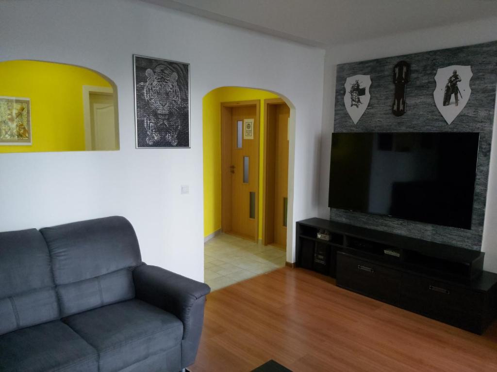 a living room with a couch and a flat screen tv at Andrea apartment in Trenčín