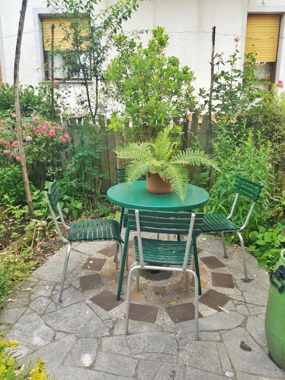 a table with two chairs and a table with plants on it at Apartma Raft, Bovec in Bovec