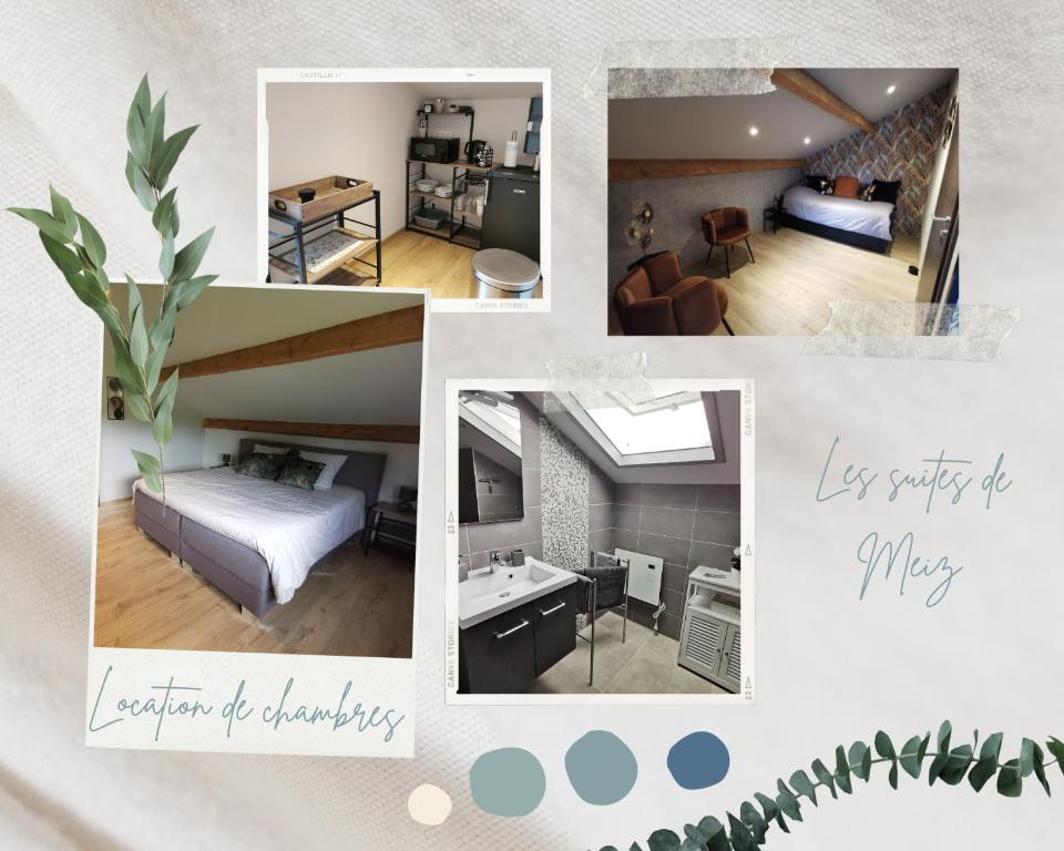 een collage van foto's van een slaapkamer en een woonkamer bij Les Suites de Meiz in Stavelot