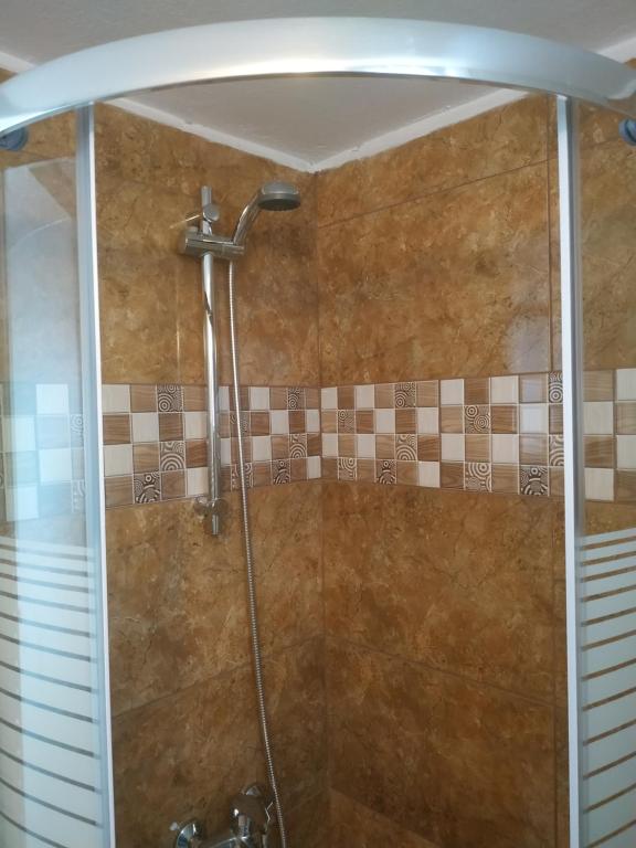 y baño con ducha con cabezal de ducha. en Alexander Apartments Nea Koutali en Néa Koútali