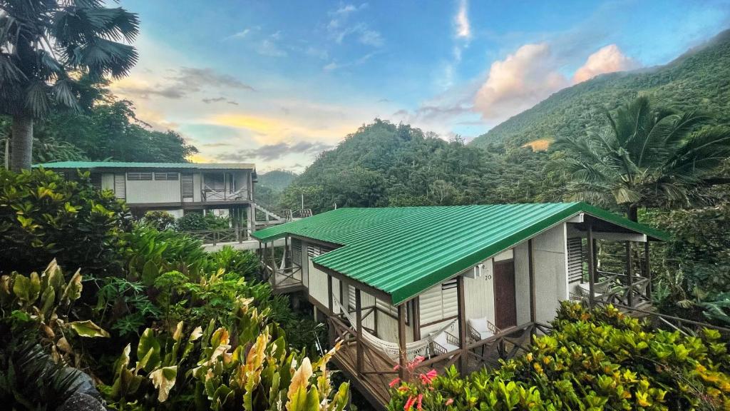 a house with a green roof on a mountain at Casa Grande Mountain Retreat - Adults Only in Utuado