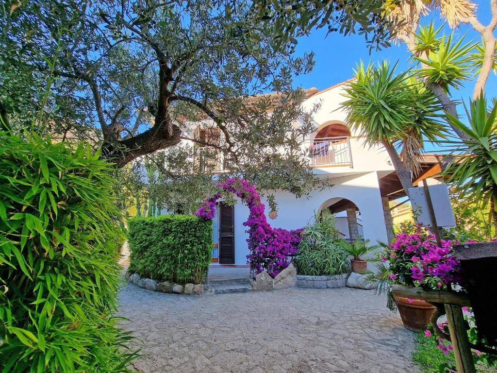 a house with purple flowers in front of it at Eco Hotel Montemerlo in Fetovaia