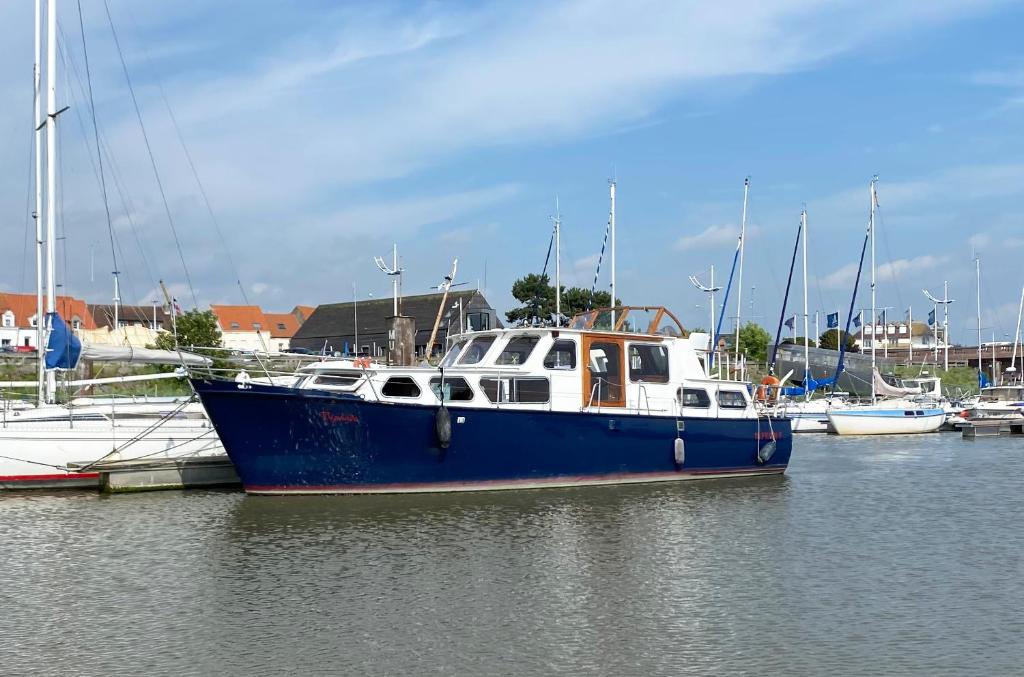 a blue and white boat is docked in the water at La Vedette Hollandaise in Étaples