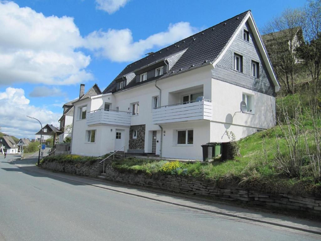 une maison blanche sur le côté d'une route dans l'établissement Ferienhäuser Bergfreiheit, à Winterberg