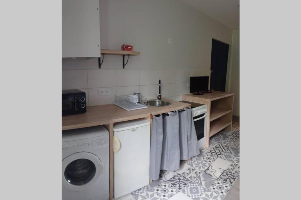 een keuken met een wasmachine en een wastafel bij Le BEauséjour - Cosy T2 - Business ou we - gare in Bellegarde-sur-Valserine
