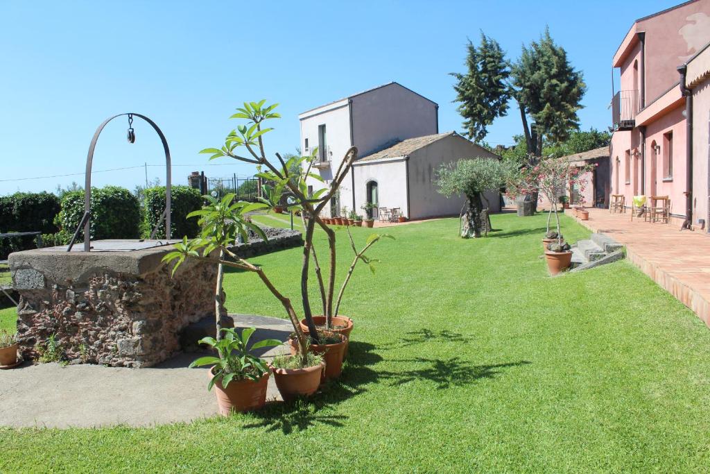 een tuin met potplanten op het gras bij Il Giardino degli Ovali in Fiumefreddo di Sicilia