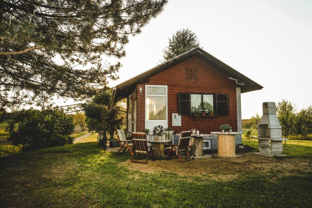 una pequeña casa con una mesa y sillas en el patio en Ruralna kuća za odmor LOVRAK en Budrovac