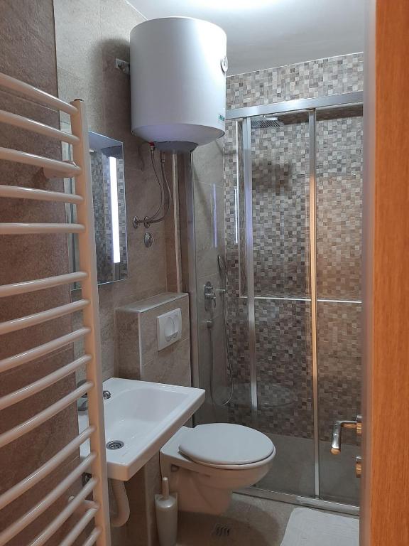 a bathroom with a shower and a toilet and a sink at Apartments Mitrovići Miločer in Sveti Stefan