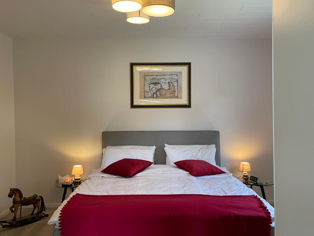ein Schlafzimmer mit einem großen Bett mit zwei roten Kissen in der Unterkunft Ferienwohnung Annika in Hückeswagen