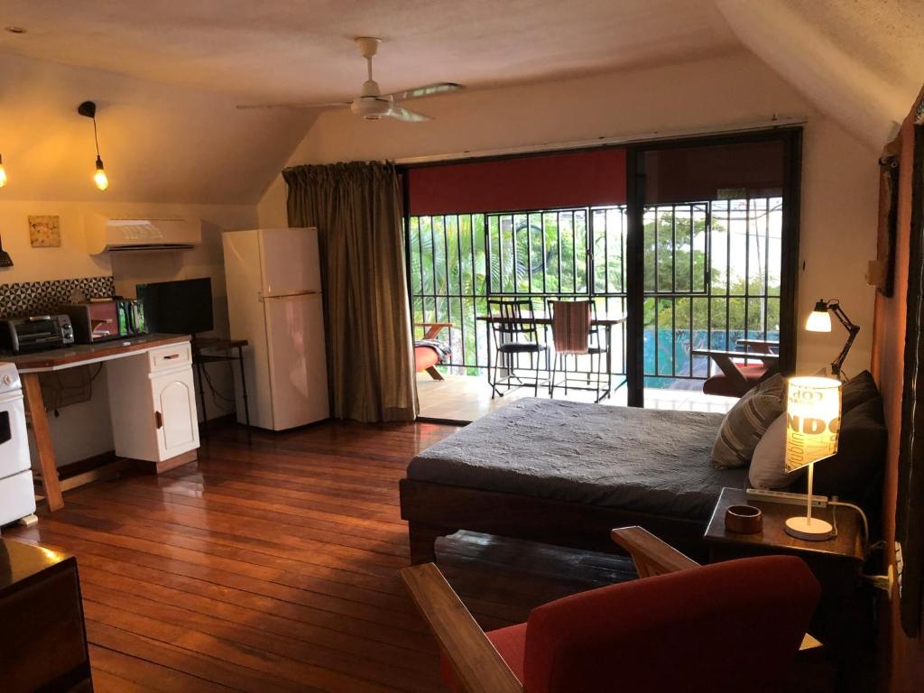 a living room with a bed and a kitchen at Cockatoo Studio Apartments in Manuel Antonio